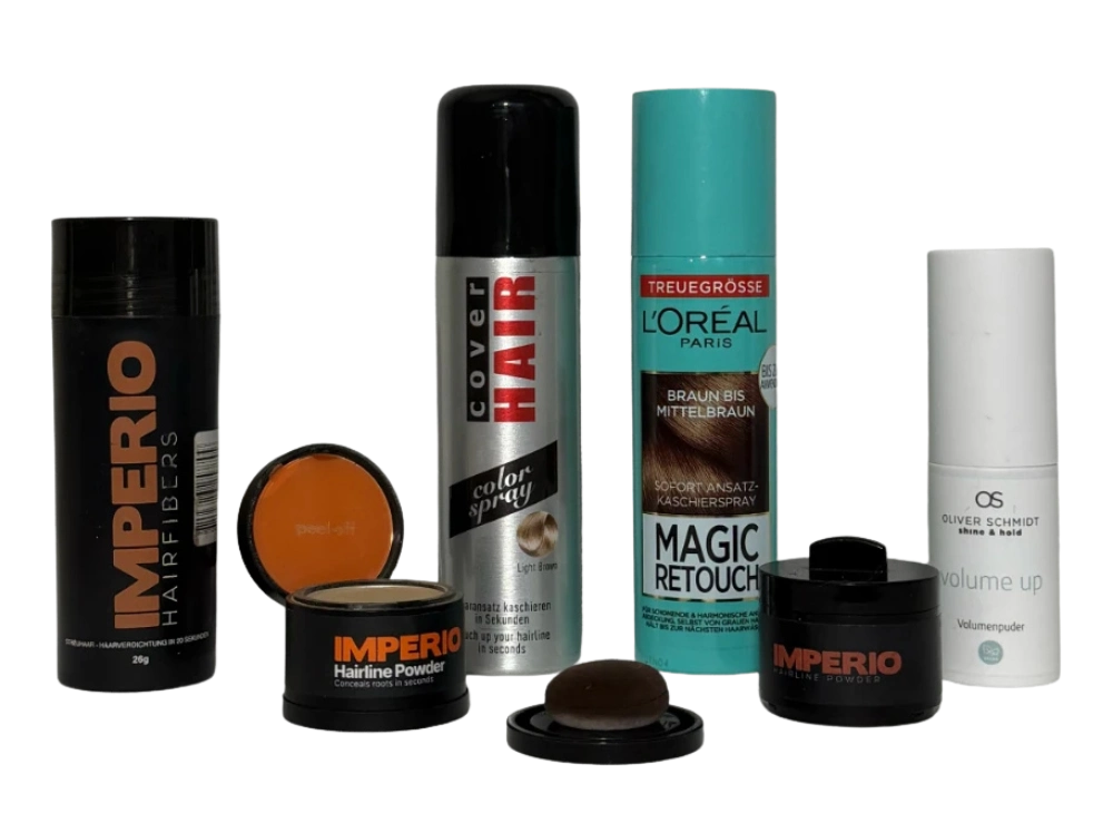 produkte die beim Kaschieren von Haarausfall helfen: Haarpuder, Ansatzspray, Schüttelhaar und Volumenpuder.